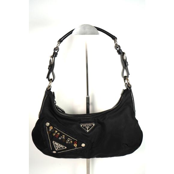 Prada Nylon Hobo Shoulder Bag Black w/ Small Metal Gears & Studs FREE COA - Picture 1 of 11